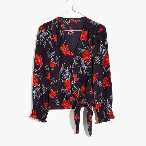 Madewell 100% Silk Floral Smocked-Sleeve Wrap Top L - Picture 4 of 5